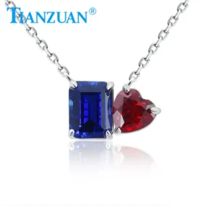 S925 Sterling Silver Royal Blue Rectangle Emerald Cut Sapphire and Pigeon Blood Red Heart Shape Ruby Pendant Necklace