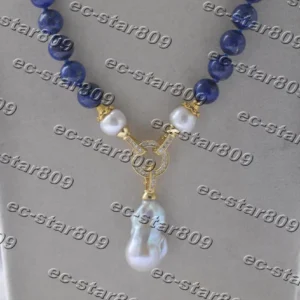 Z11321 19" 25mm Blue Round Lapis-lazuli Necklace White Keshi Pearl Pendant CZ