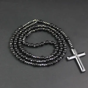 6mm Natural Stone Black Obsidian Tiger-eye Lapis Lazuli Round Beads Long Necklace with Cross Pendant for Men and Women