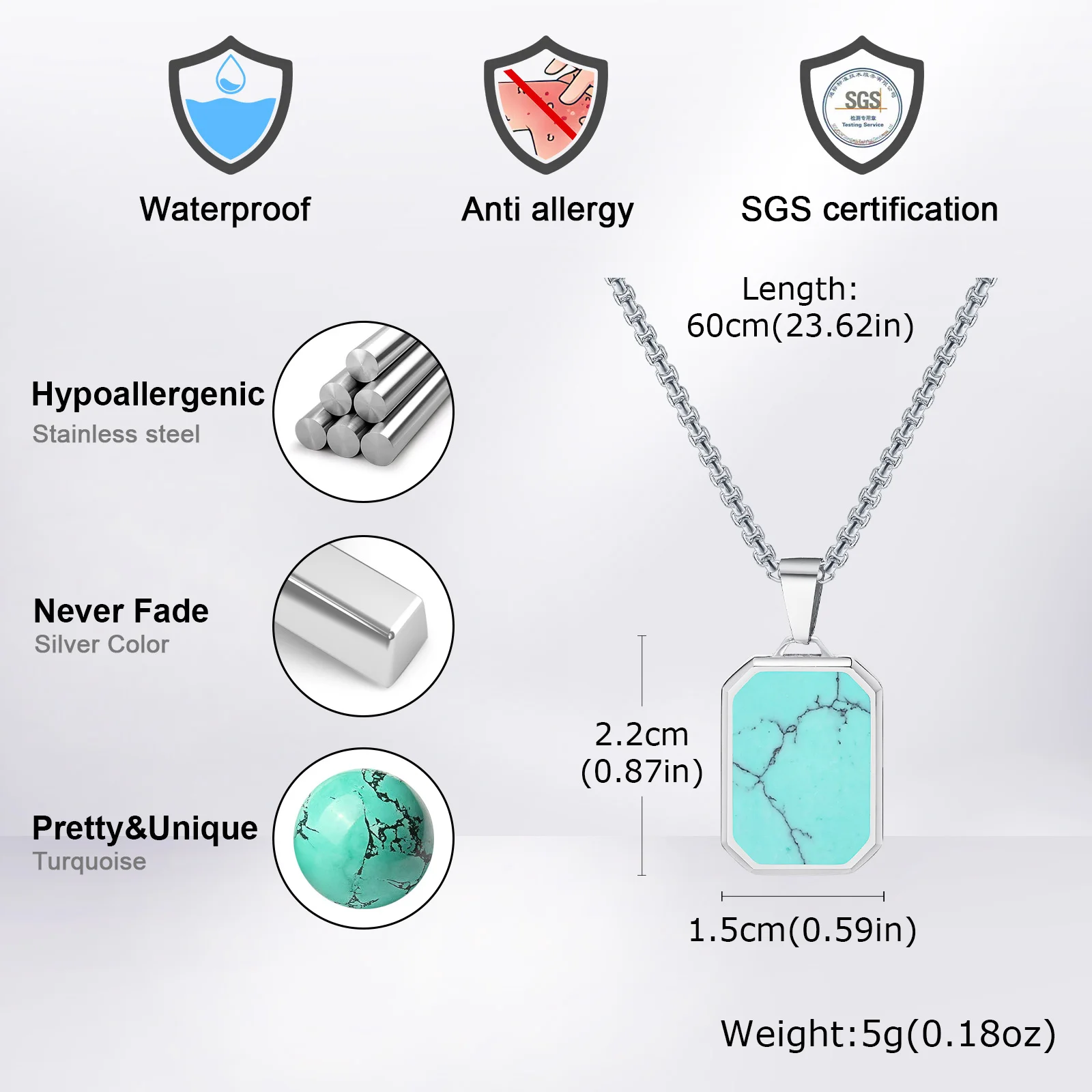 Trendy Pendant Necklaces for Men Boys,Square Natural Stone Stainless Steel Necklaces,Hip Hop Cool Healing Jewelry Gifts - Image 5
