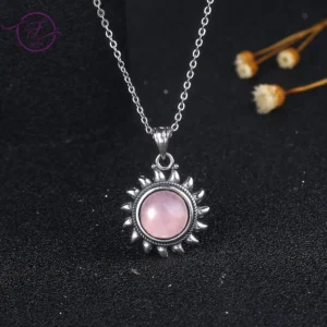 Pink Natural Rose Quartz Sun Shaped Necklace S925 Silver Tiger Eye Pendant for Women Luxury Wedding Gift Fine Jewelry