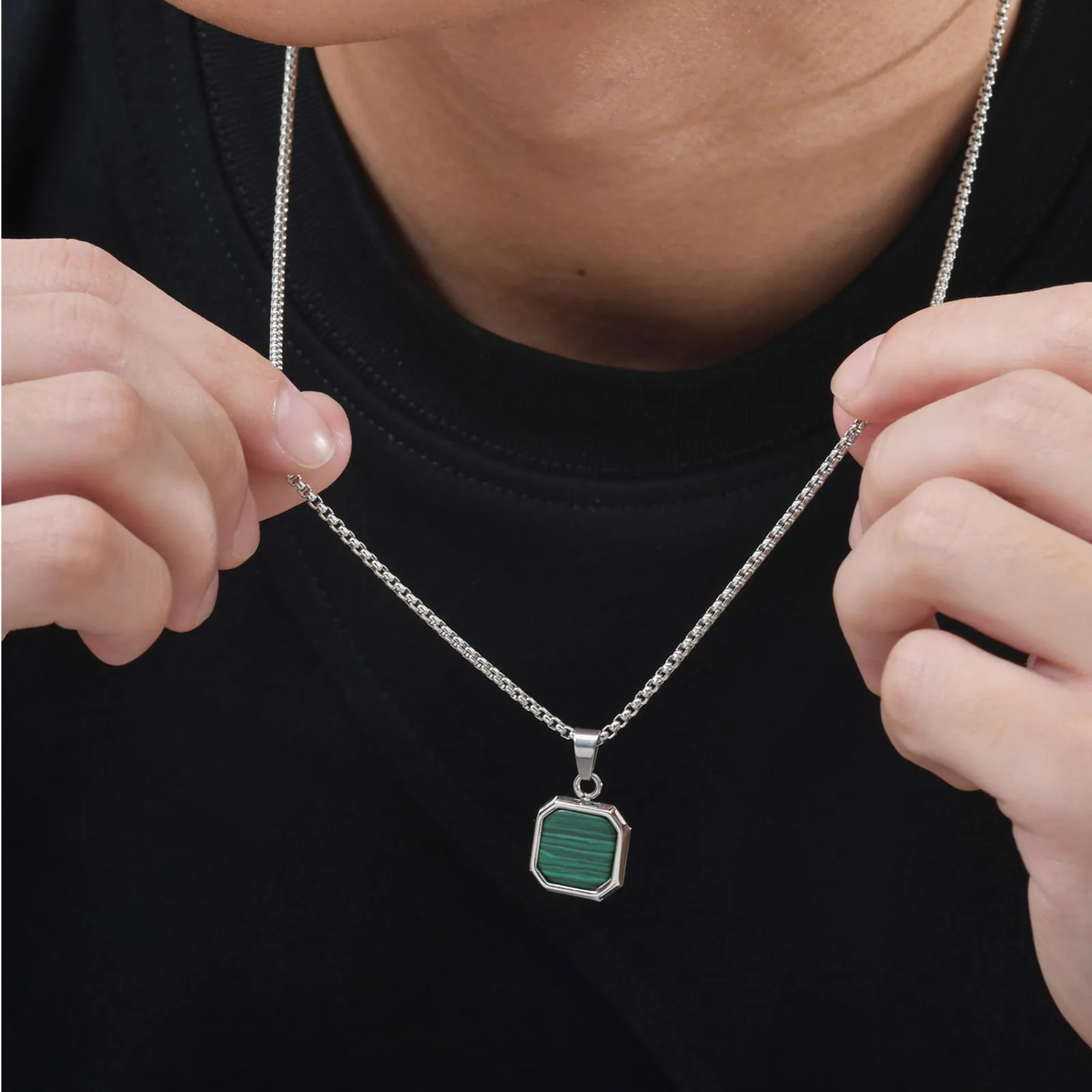 Trendy Pendant Necklaces for Men Boys,Square Natural Stone Stainless Steel Necklaces,Hip Hop Cool Healing Jewelry Gifts - Image 2