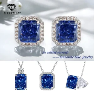 S925 sterling silver Earrings Shimmering,  Tanzanite blue ice-cut earrings&pendant necklace for women gifts fine jewelry wedding