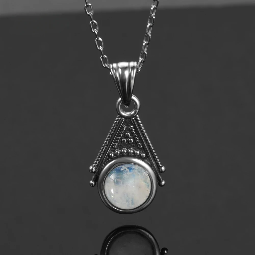 Natural Moonstone Pendant Necklace for Women S925 Silver Fine Jewelry Gift Classic Vintage Silver Chain