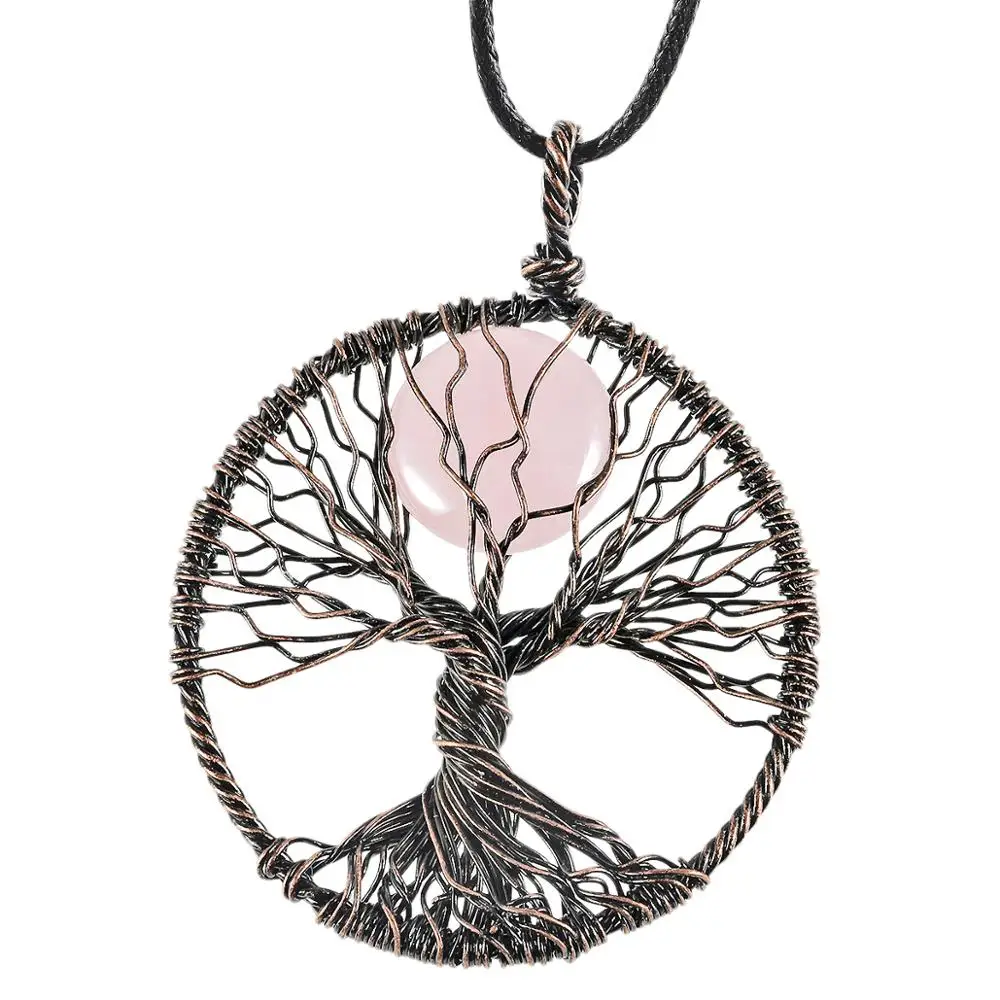 Rose Quartz In Life Tree Pendant Healing Crystal Ornament for Women Handmade Copper Wire Wrapped Stone Vintage Jewelry Gift - Image 4
