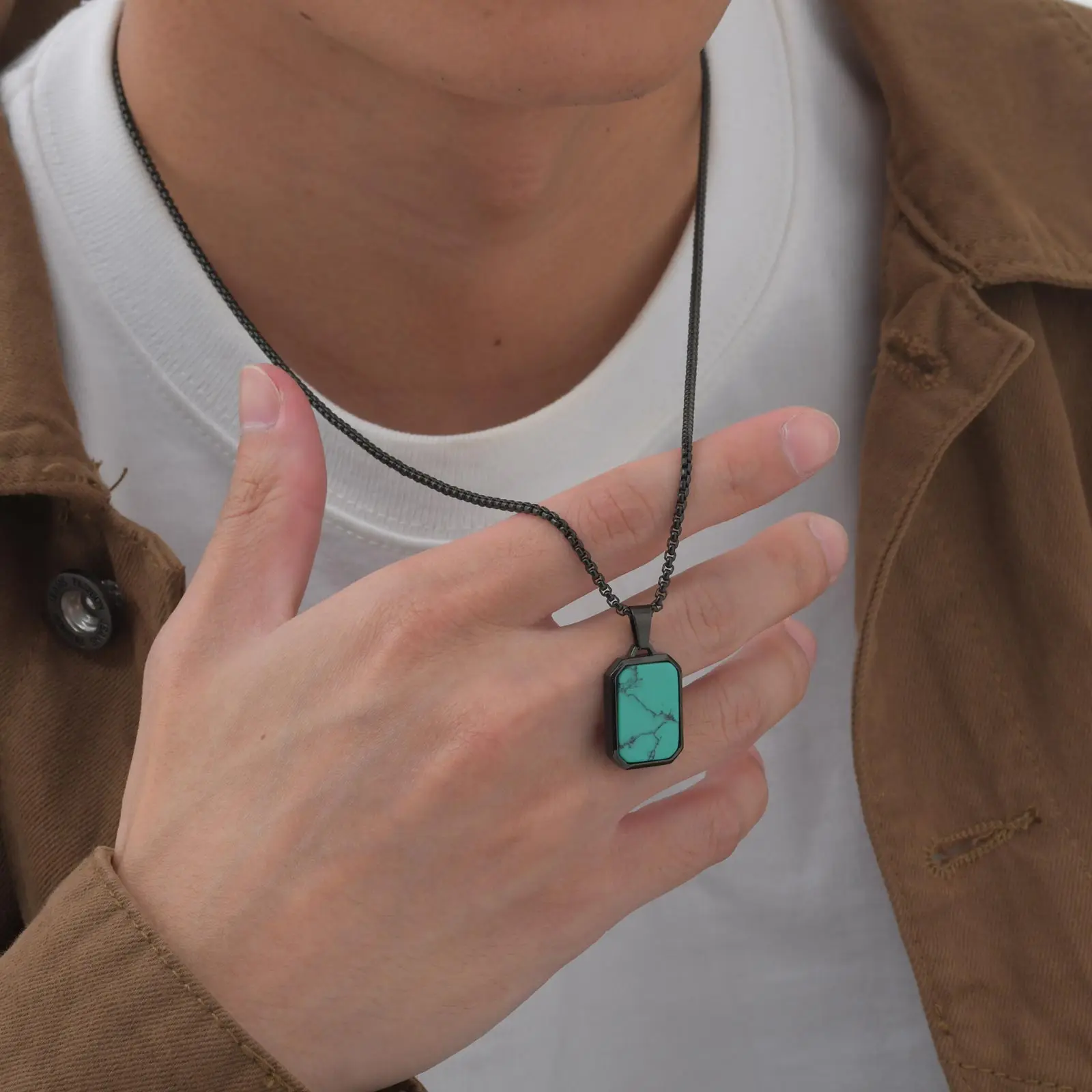 Trendy Pendant Necklaces for Men Boys,Square Natural Stone Stainless Steel Necklaces,Hip Hop Cool Healing Jewelry Gifts - Image 37