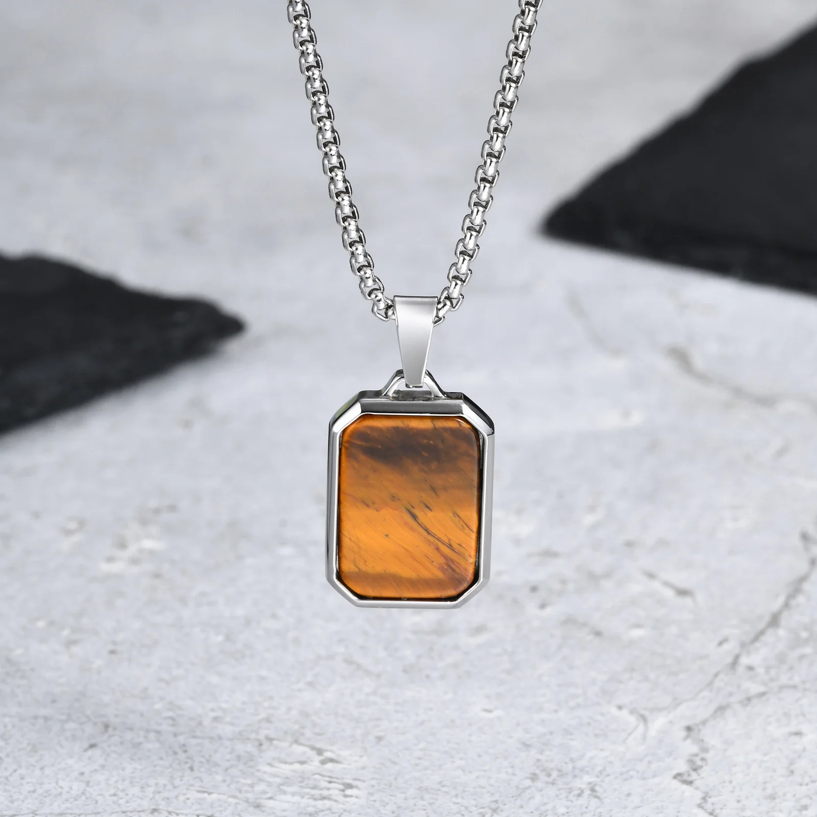 Trendy Pendant Necklaces for Men Boys,Square Natural Stone Stainless Steel Necklaces,Hip Hop Cool Healing Jewelry Gifts - Image 41