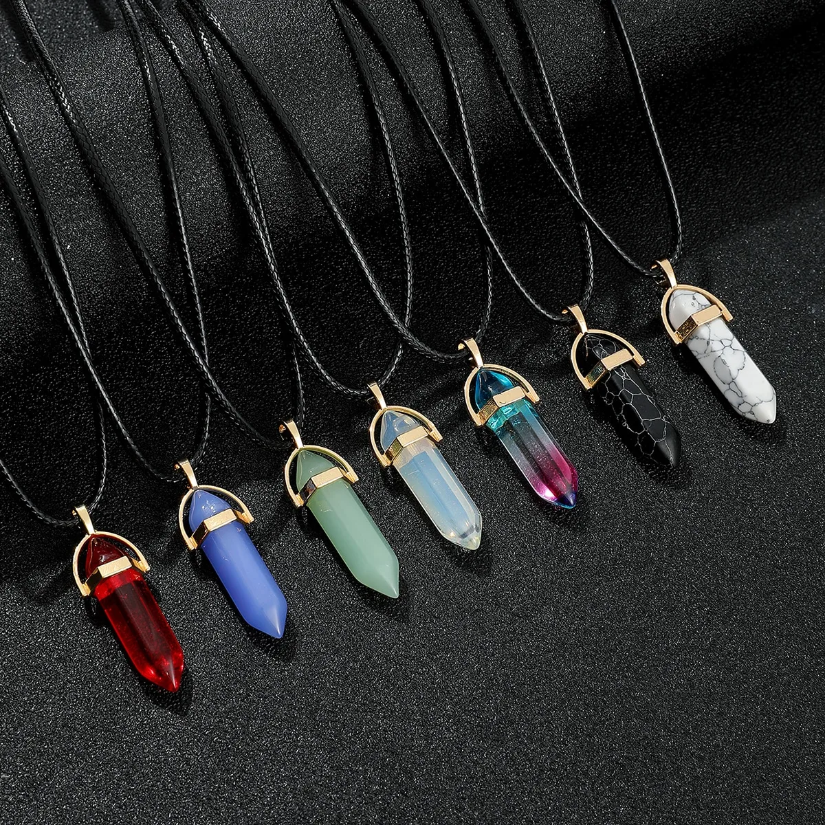 7pcs/Set Hexagon Pillar Quartz Necklace Turquoise Pink Crystal Necklace Genuine Leather Chain Natural Stone Choker Necklace - Image 6