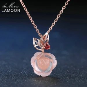 LAMOON Rose Flower 925 Sterling Silver Necklace Rose Quartz Gemstone Necklaces 18K Rose Gold Plated Fine Jewelry LMNI025