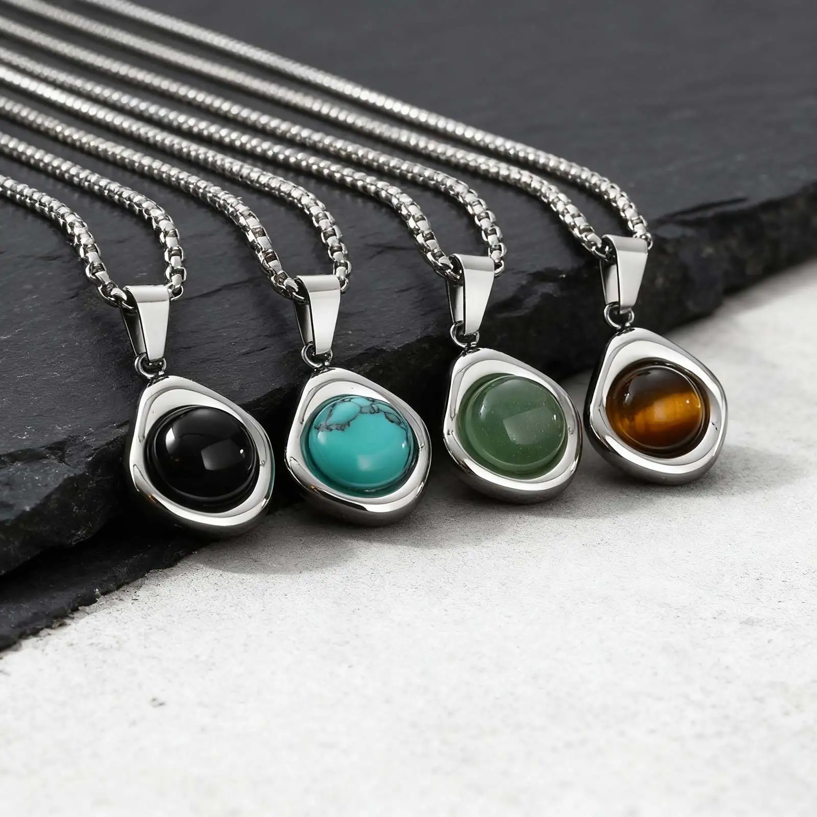 Trendy Pendant Necklaces for Men Boys,Square Natural Stone Stainless Steel Necklaces,Hip Hop Cool Healing Jewelry Gifts - Image 4