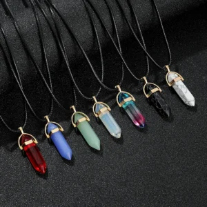 7pcs/Set Hexagon Pillar Quartz Necklace Turquoise Pink Crystal Necklace Genuine Leather Chain Natural Stone Choker Necklace
