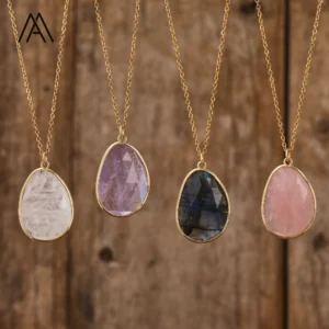 Natural Labradorite Pendant Necklace Amethyst Rose Quartz Healing Crystal Necklace Classic Minimalist Choker Women's Gift Jewels