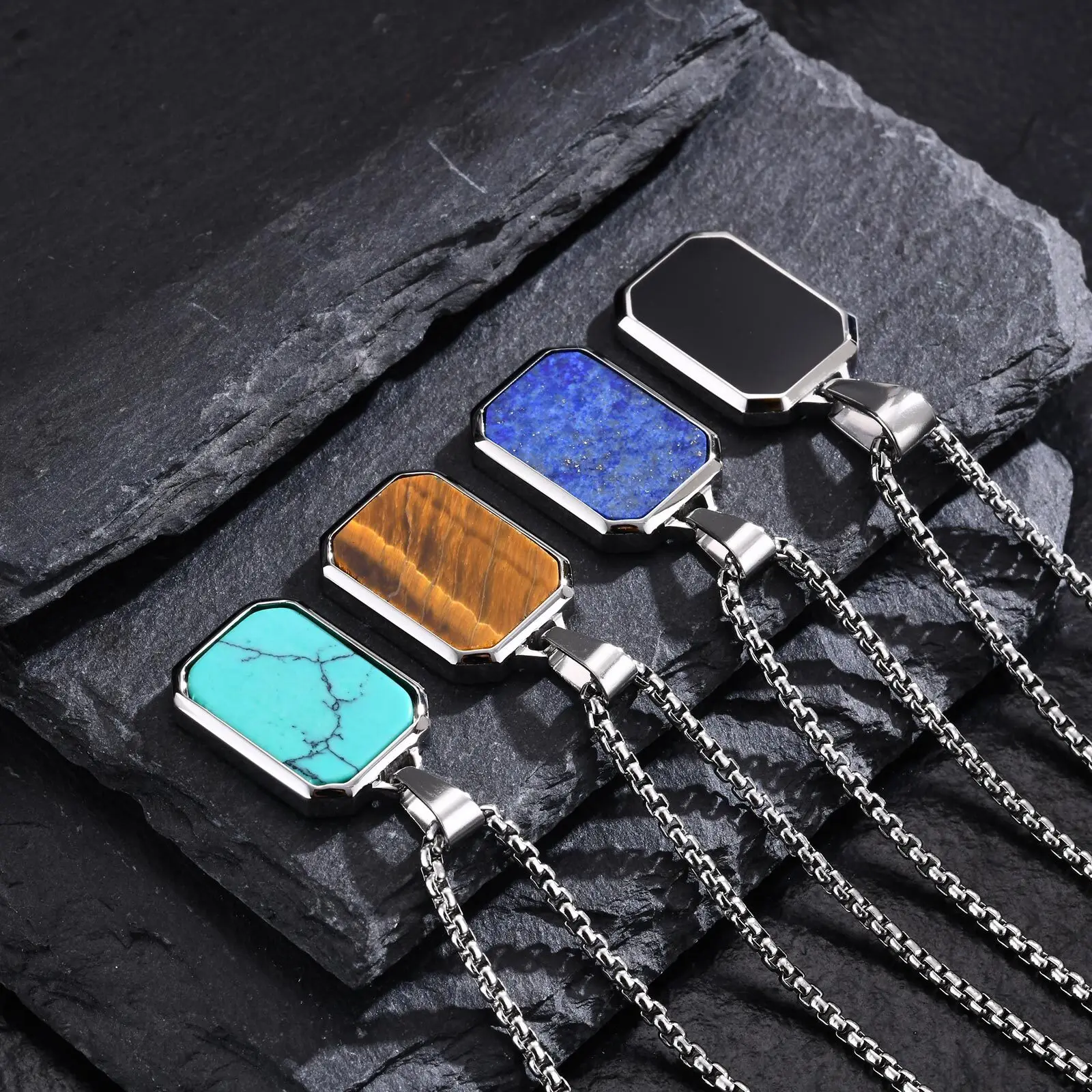 Trendy Pendant Necklaces for Men Boys,Square Natural Stone Stainless Steel Necklaces,Hip Hop Cool Healing Jewelry Gifts - Image 47