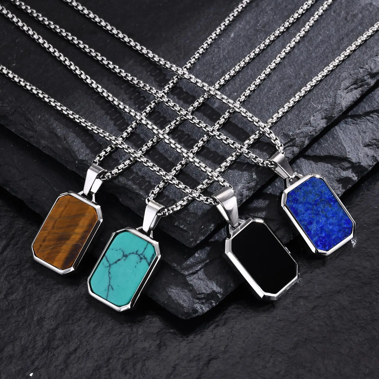 Trendy Pendant Necklaces for Men Boys,Square Natural Stone Stainless Steel Necklaces,Hip Hop Cool Healing Jewelry Gifts - Image 6