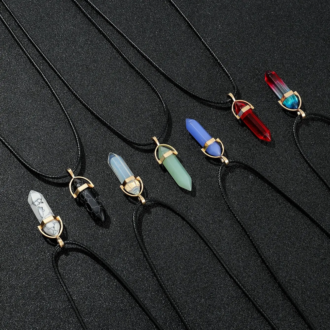 7pcs/Set Hexagon Pillar Quartz Necklace Turquoise Pink Crystal Necklace Genuine Leather Chain Natural Stone Choker Necklace - Image 2