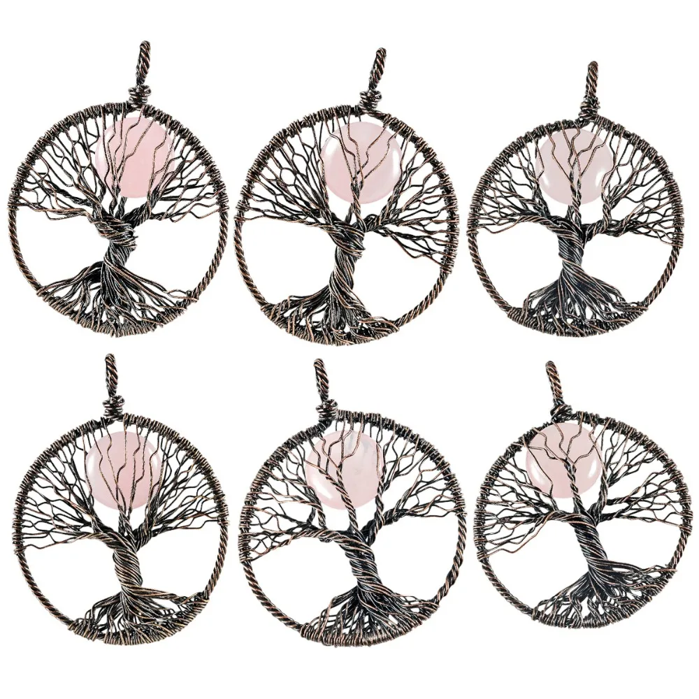 Rose Quartz In Life Tree Pendant Healing Crystal Ornament for Women Handmade Copper Wire Wrapped Stone Vintage Jewelry Gift - Image 2