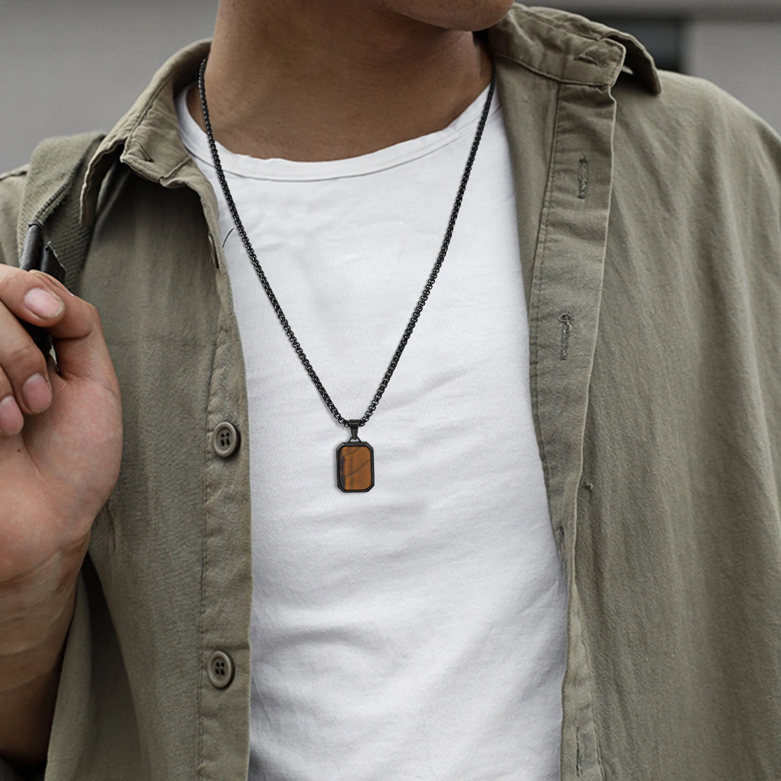 Trendy Pendant Necklaces for Men Boys,Square Natural Stone Stainless Steel Necklaces,Hip Hop Cool Healing Jewelry Gifts - Image 36
