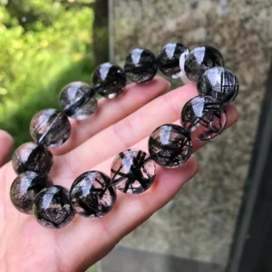 Natural Black Rutilated Quartz Clear Round Beads Bracelet Women Men 15mm Crystal From Brazil Black Rutilated AAAAAA