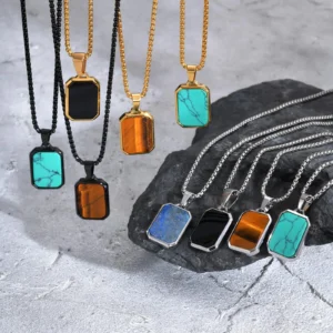 Stainless Steel Rectangle Natural Stone Pendant Necklaces, Minimalist Dainty Chain Necklace, Luxury Fashion Jewelry For Men Gift