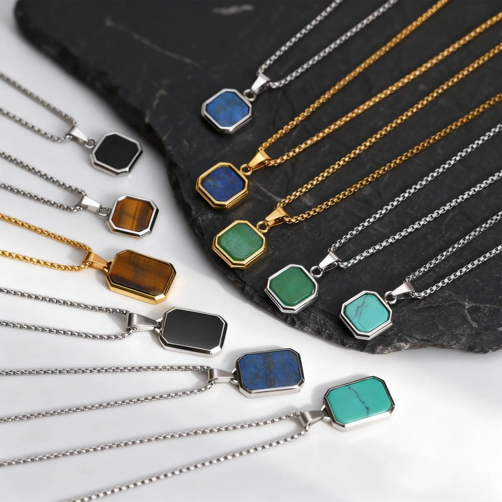 Trendy Pendant Necklaces for Men Boys,Square Natural Stone Stainless Steel Necklaces,Hip Hop Cool Healing Jewelry Gifts - Image 3