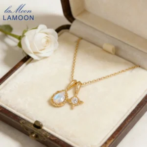 LAMOON Natural Moonstone 925 Sterling Silver Gold Vermeil Double Pendant Necklace For Women Teardrop Shiny Star Fine Jewelry