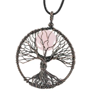 Rose Quartz In Life Tree Pendant Healing Crystal Ornament for Women Handmade Copper Wire Wrapped Stone Vintage Jewelry Gift