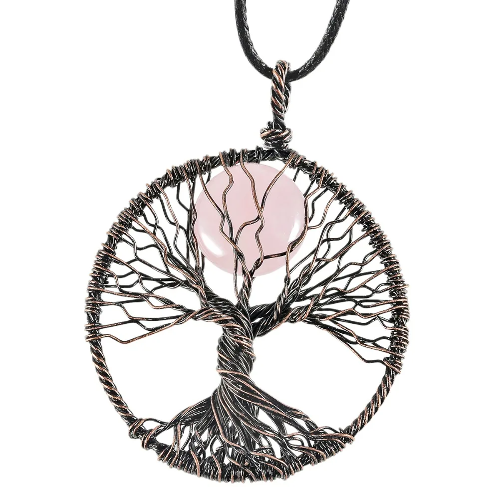 Rose Quartz In Life Tree Pendant Healing Crystal Ornament for Women Handmade Copper Wire Wrapped Stone Vintage Jewelry Gift