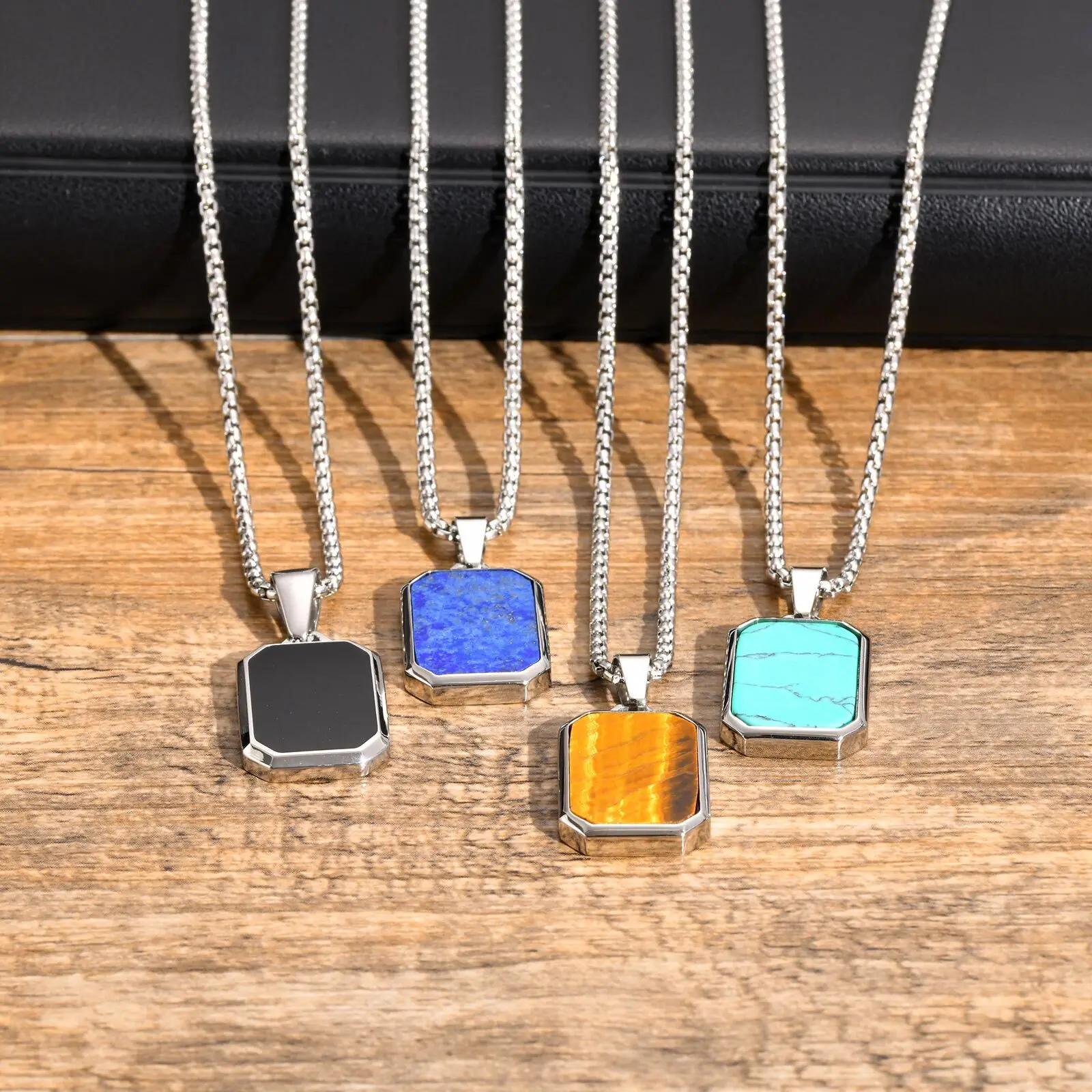 Trendy Pendant Necklaces for Men Boys,Square Natural Stone Stainless Steel Necklaces,Hip Hop Cool Healing Jewelry Gifts - Image 48