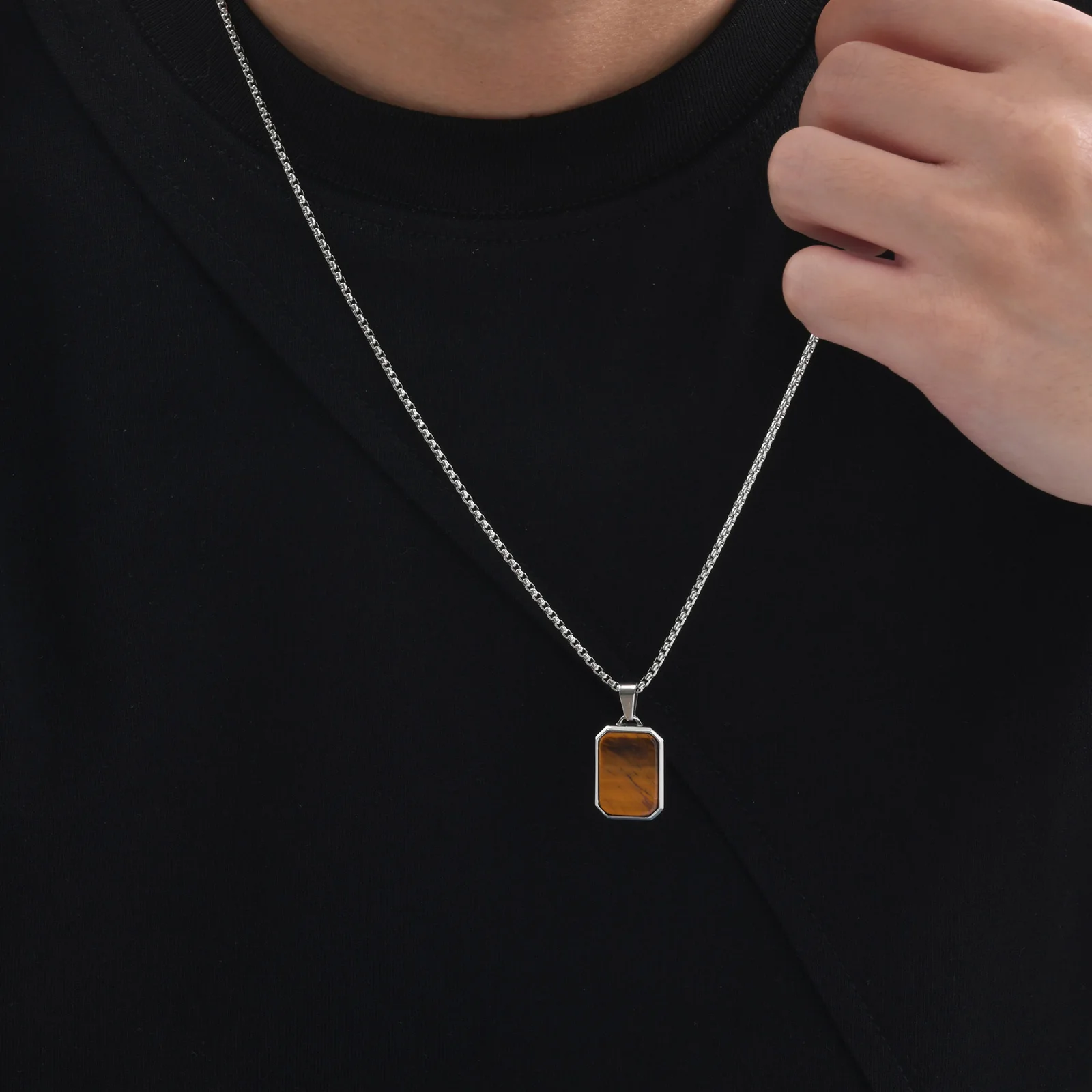Trendy Pendant Necklaces for Men Boys,Square Natural Stone Stainless Steel Necklaces,Hip Hop Cool Healing Jewelry Gifts - Image 39