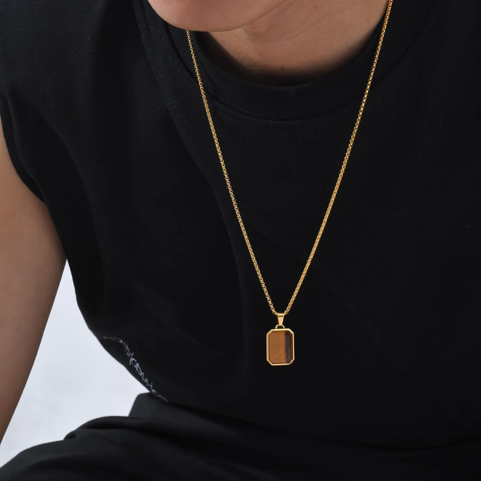 Trendy Pendant Necklaces for Men Boys,Square Natural Stone Stainless Steel Necklaces,Hip Hop Cool Healing Jewelry Gifts - Image 38