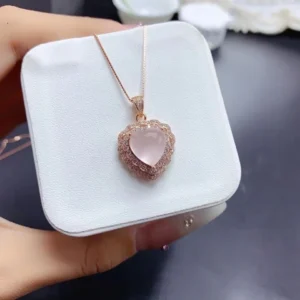 18K Gold Plated Genuine Rose Quartz Necklace Pendant 10mm Hear Shape Natural Rose Quartz Pendant 925 Silver Gemstone Jewelry