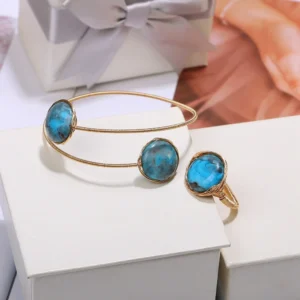 ShinyGem  Baroque Natural Blue Agate Fashion Jewelry 14K Electroplated Gold Wire  Handmade Bracelet And Ring Set For Women