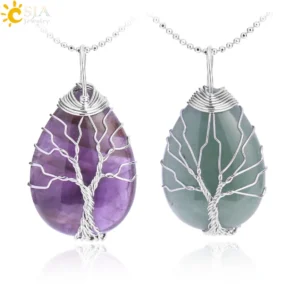 Tiger Eye Tree of Life Crystal Necklace Natural Stone Pendant Wire Wrap Rose Crystals Pink Quartz Amethyst Green Aventurine E585