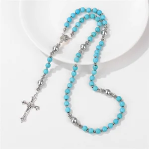 Wish Cross Pendant Bracelet Jesus Prayer Stone Beads Long Bracelet Women Men Jewelry Turquoisess Bracelet Religious Protection