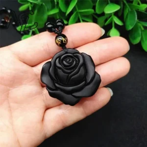 Natural Obsidian Cute Rose Flower Pendant Necklace Man Exquisito Jewellery Fashion Accessories Hand-Carved Luck Amulet Gifts
