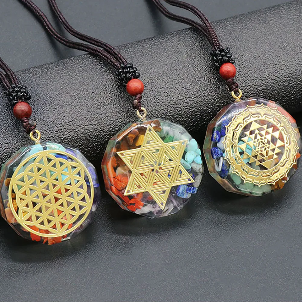 7 Chakra Orgone Energy Pendant Chip Stones Metatron's Cube Merkaba Sacred Geometry Amulet OM Reiki Healing Crystal Yoga Necklace - Image 3