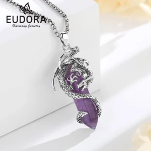 Eudora Dragon Wrapped Amethyst Necklace Hexagonal Healing Stone Crystal Pendant Spiritual Jewelry Gift for Women Men