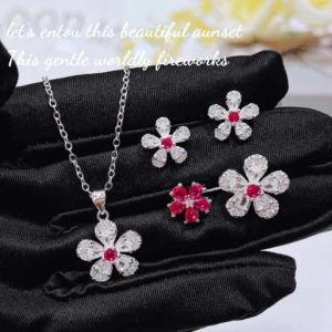 Trendy Elegant Cherry Blossom Jewelry Sets with Dazzling Zircon Ladies Temperament Flower 925 Silver Color Ring Earring Necklace