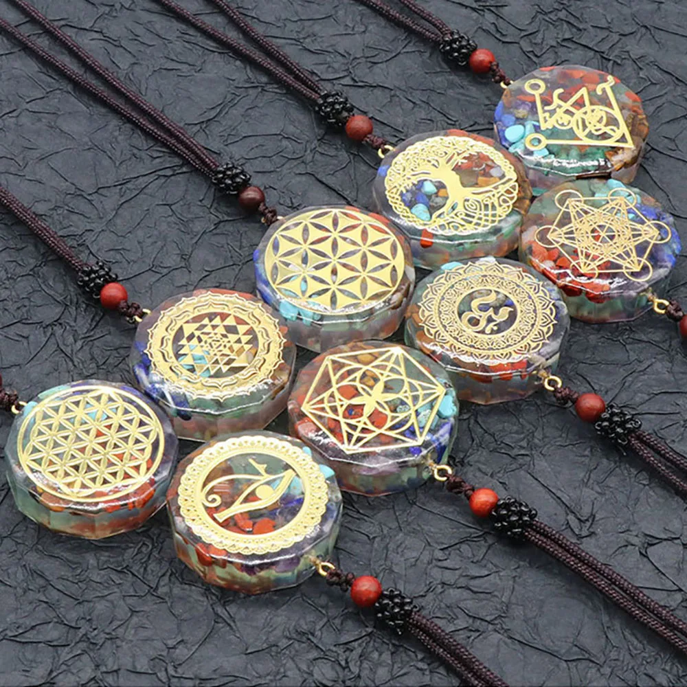7 Chakra Orgone Energy Pendant Chip Stones Metatron's Cube Merkaba Sacred Geometry Amulet OM Reiki Healing Crystal Yoga Necklace - Image 2