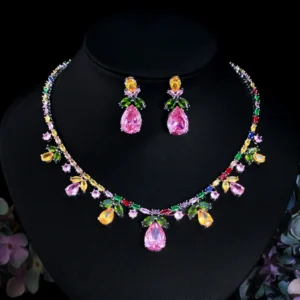 Women Rainbow Gemstone Necklace 18K Gold Plated Waterdrop Zirconia Earrings 2024