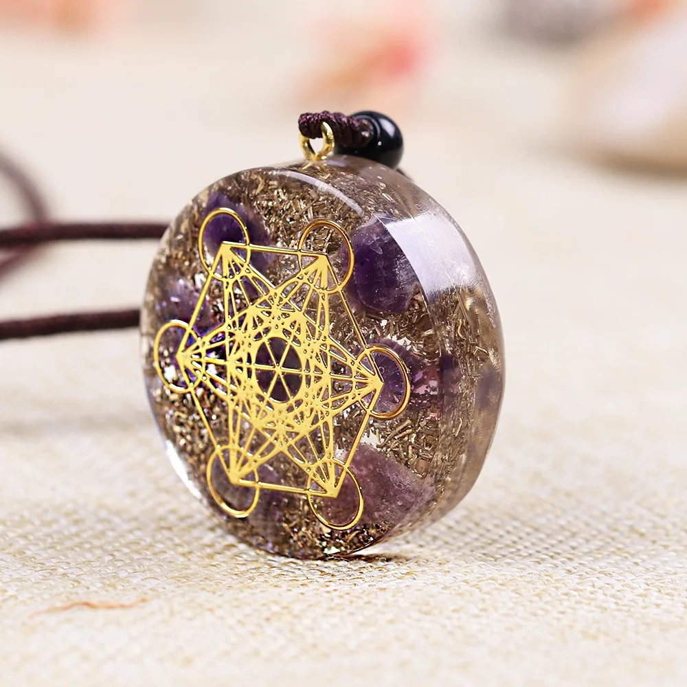 Natural Amethyst Orgonite Necklace Metatron Cube Resin Pendant Cosmic Energy Center Sign Pendant Magic Hexagram Choker Jewelry - Image 8