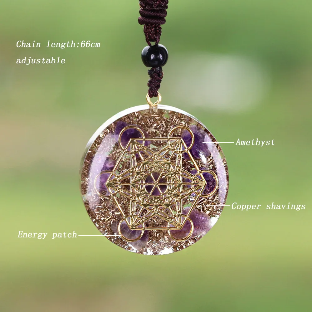 Natural Amethyst Orgonite Necklace Metatron Cube Resin Pendant Cosmic Energy Center Sign Pendant Magic Hexagram Choker Jewelry - Image 7