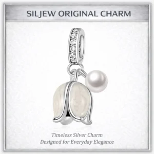 SilJew Original Silver Plated White Lily of the Valley with Pearl Dangle Charm Fit Bracelets & Necklaces Women Jewelry DIY Beads