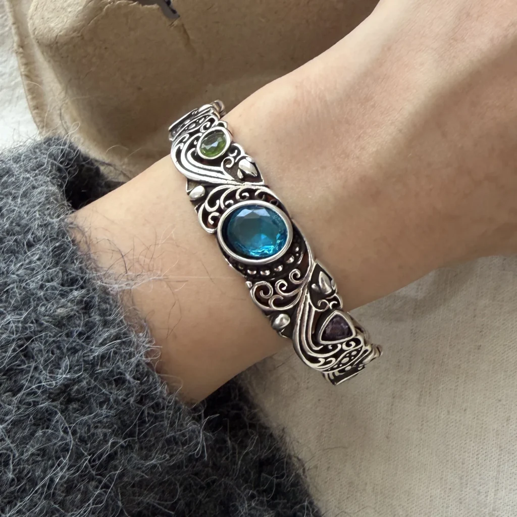 100% Solid 925 Sterling Silver Retro Bracelet for Women Geometric Blue Stone Handmade Sparkling Simple Bracelet Birthday Gift