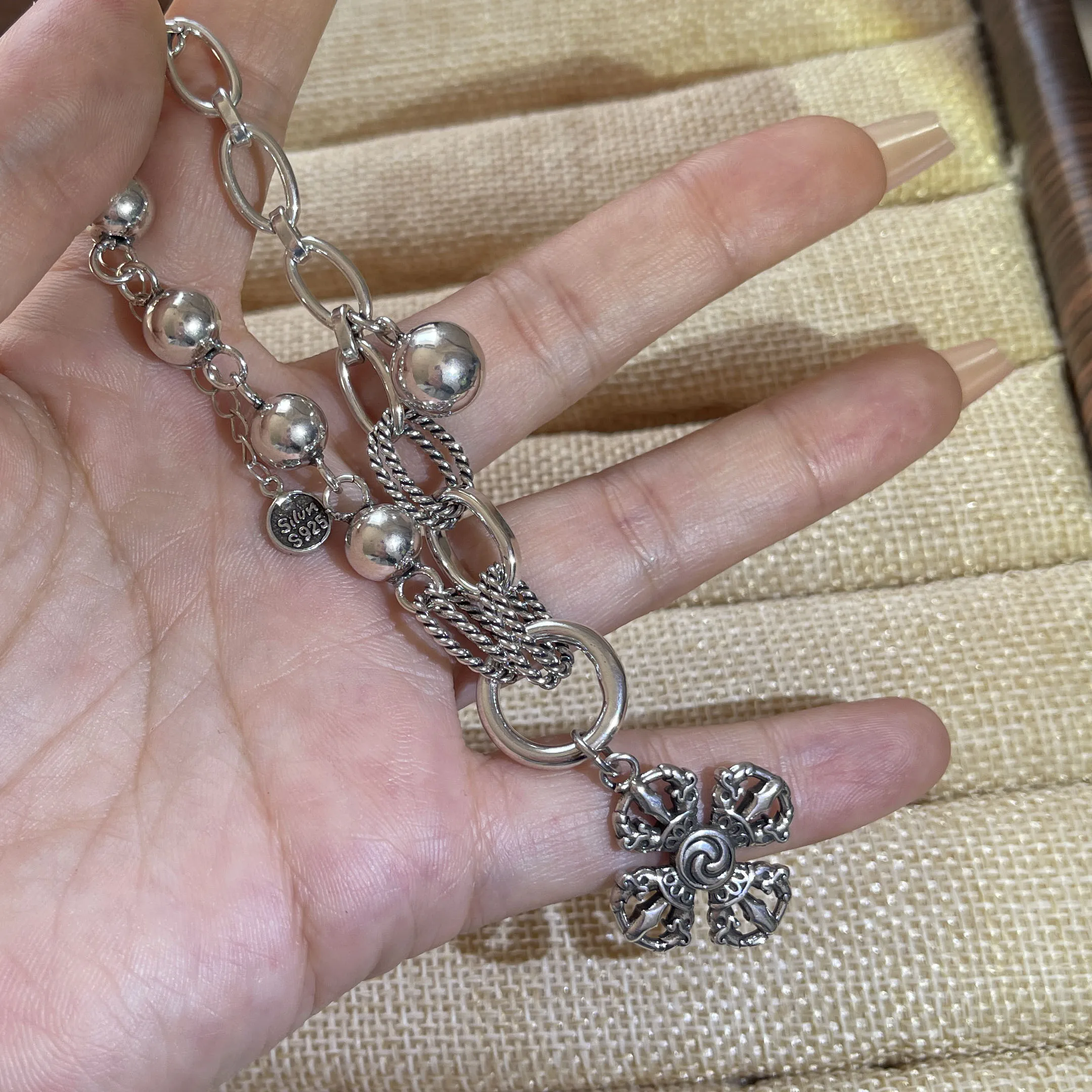100% Solid 925 Sterling Silver Retro Bracelet for Women Men Vintage Handmade Flower Tassel Bracelet Birthday Gift - Image 8
