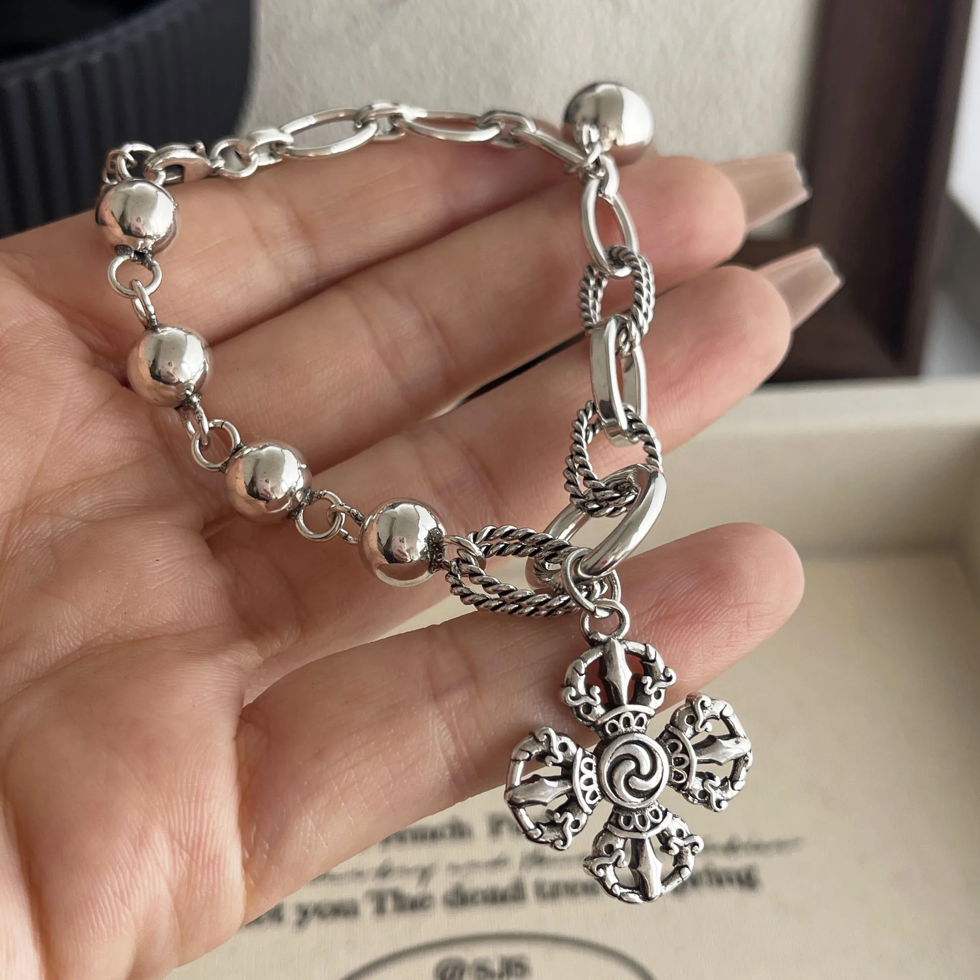 100% Solid 925 Sterling Silver Retro Bracelet for Women Men Vintage Handmade Flower Tassel Bracelet Birthday Gift - Image 2