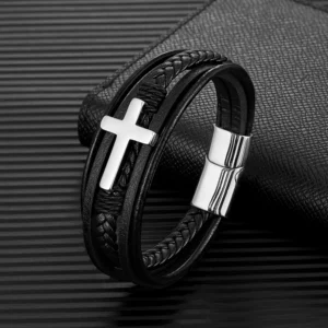 MKENDN Punk Men Cross Design Multilayer Braid Genuine Leather Bracelet 316L Stainless Steel Magnetic Buckle Jewelry Pulseras