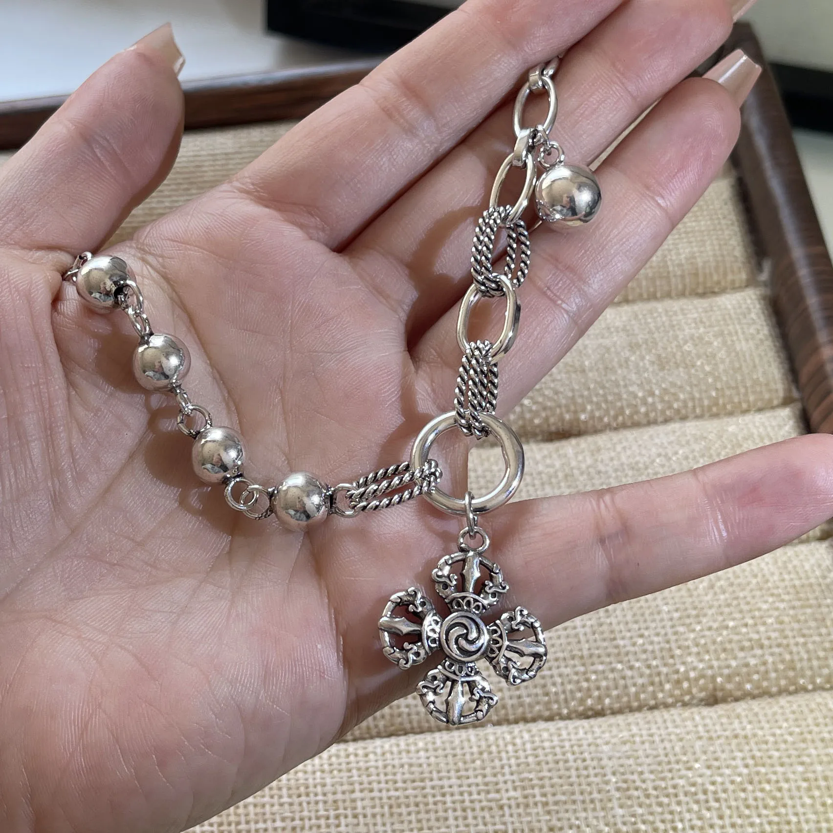 100% Solid 925 Sterling Silver Retro Bracelet for Women Men Vintage Handmade Flower Tassel Bracelet Birthday Gift - Image 7