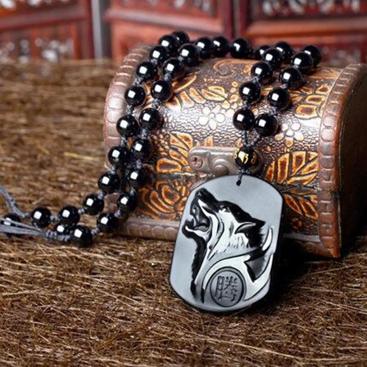 DC 1Strand Nature Stone Pendant Carving Obsidian Wolf Head Collar Hombre Necklaces Cool and Powerful Pendants for Men Gift - Image 6