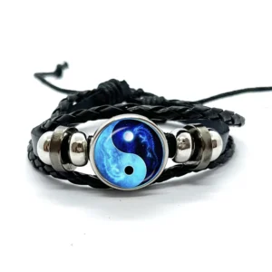 Yin Yang Tai Chi Punk Leather Bracelets for Women Jewelry Vintage Multilayer Weave Beaded Snap Button Bangles for Men Gift